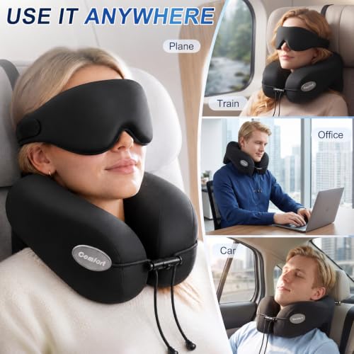 Oreiller cervical de voyage avec masque pour les yeux et support de tête pour les longs vols, noir – Image 7