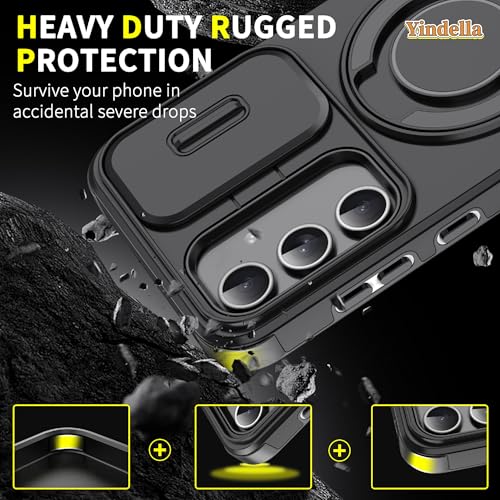 Image of Yindella Phone Case Compatible for Samsung A55, Shockproof Protective Cover with Slide Camera Protector, 360 Ring Kickstand, Magnetic Car Mount Support - Black