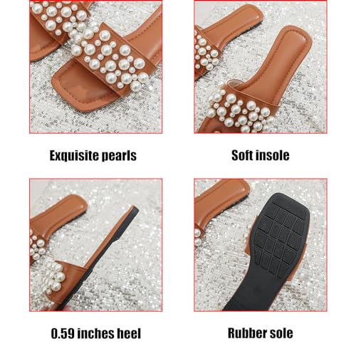 Zeberfi Women's Sparkle Pearl Flat Slide Sandals Fashion Summer Dress Party Slippers Breathable Square Open Toe Bling Beach Sandals2