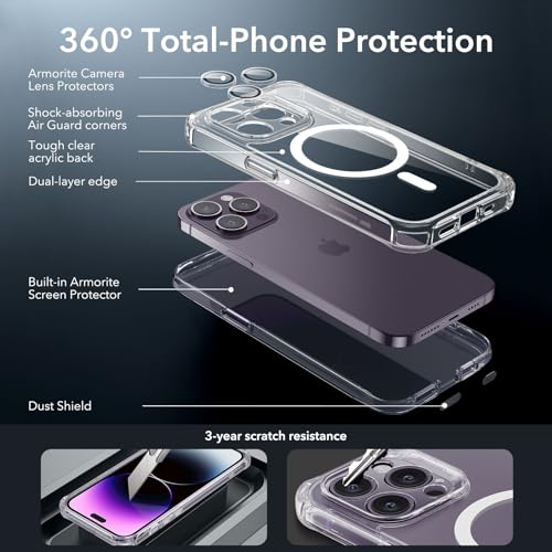 Image of ESR for iPhone 14 Pro Max Case, Compatible with MagSafe, Full-Body Military-Grade Drop Proof Case for iPhone 14 Pro Max with Built-in 9H+ Tempered Glass Screen Protector, Clear