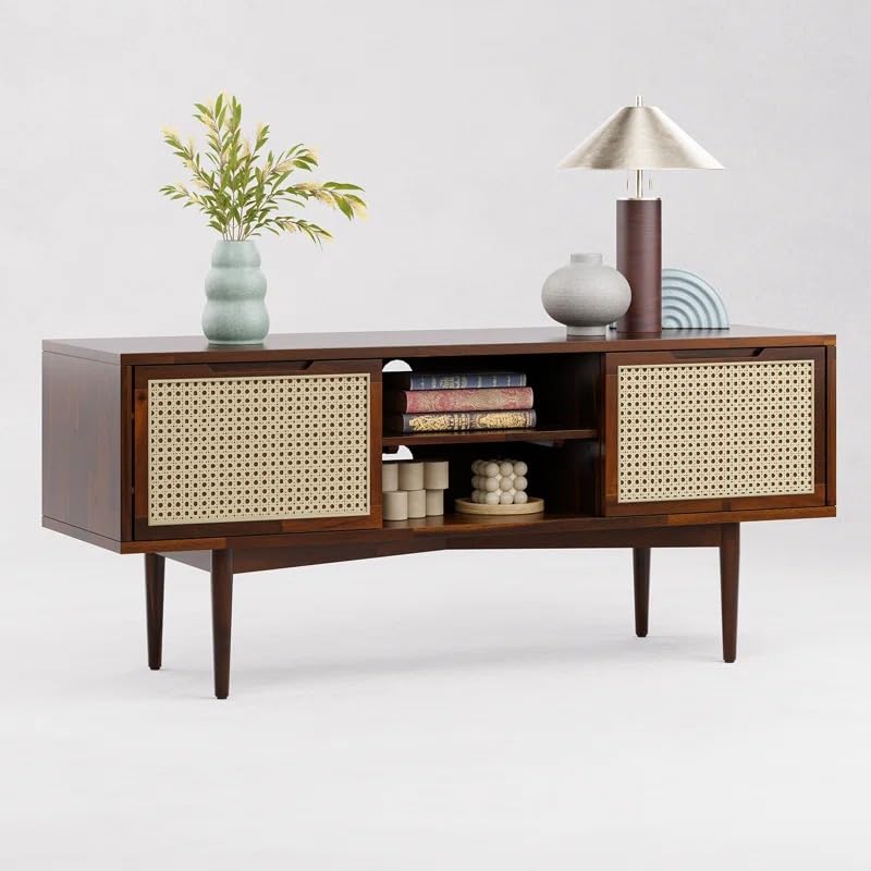 Image of MISAN Modern TV Table | Solid Sheesham Wood Sideboard TV Unit for Living Room, Bedroom, Office Furniture Stand | Wooden Free Standing Entertainment Unit Side Board Table with Storage (D-Walnut)