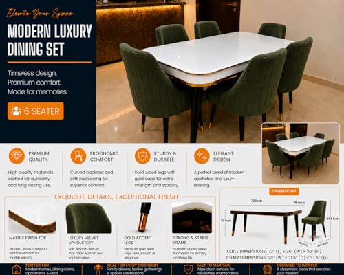 Image of WOODEN SPACE 6-Seater Wooden Dining Table Set | Nano Composite Marble Top | Solid Wood Base | Modern Dining Room Furniture with 6 Chairs (Dark Green Infinity Backline)