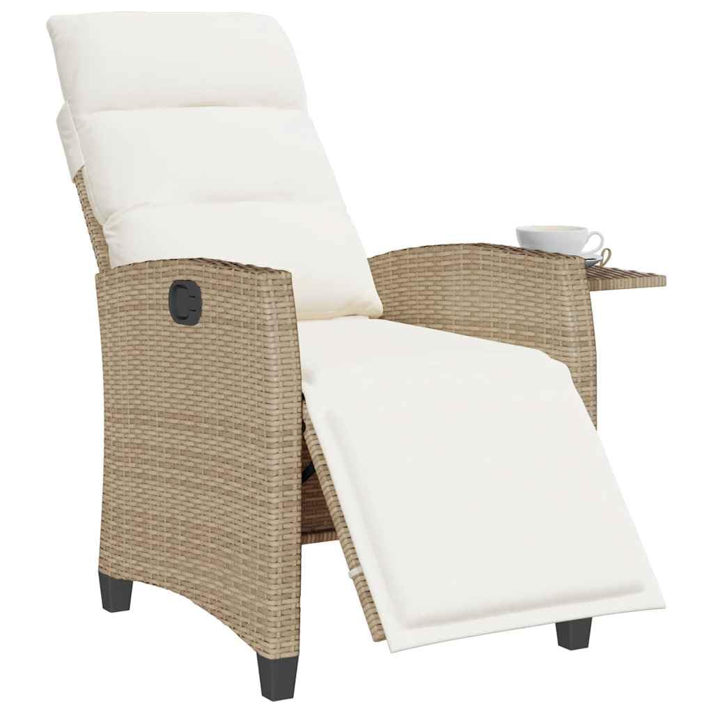 Silla de jardín extensible con reposapiés y mesa auxiliar, beige, ratán PE, respaldo ajustable, cojines gruesos y funda de lavado extraíble.