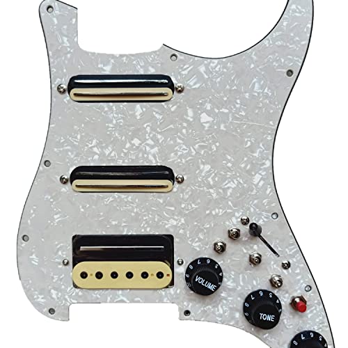 配線済みエレキギターストラットSSHピックガードセット、多機能スイッチ、クロムアルニコ5ピックアップ、3層ピックガード、フェンダーストラトキャスターに適合 (Light yellow pearl 1)