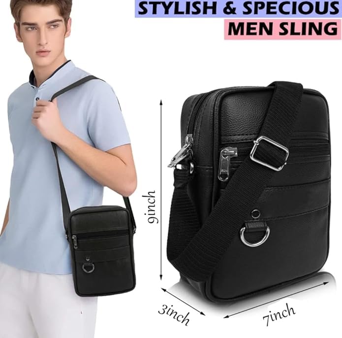 Image of Leather Mens Sling Bag Small Size for Travel, Crossbody Shoulder Bag for Men, Compact Chest Bag with Adjustable Strap, Stylish Mini Side Bag for Daily Use, Office & Outdoor (Sapphire Black, Medium)