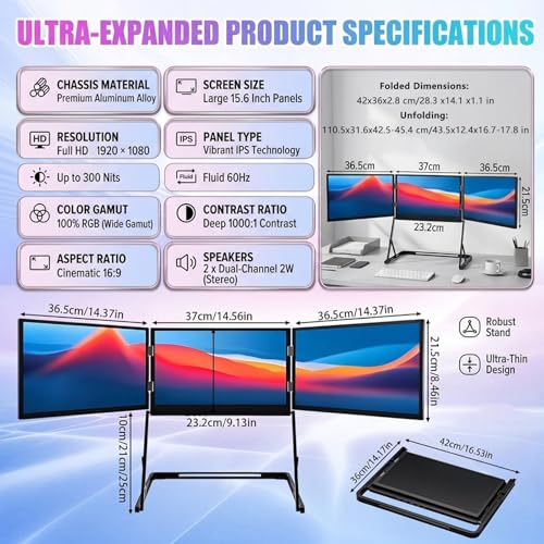 Image of Triple Aero 15.6 Pro Max 3 Screen Monitor with 1080p FHD IPS Display, Ideal for Presentations and Remote Work, with 360 Rotation Adjustable Viewing Angles