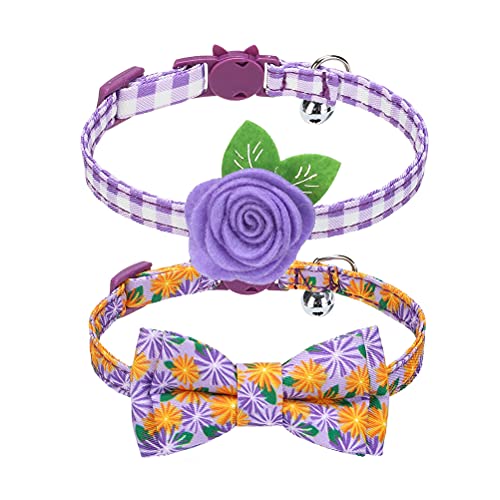 PUPTECK Adjustable Breakaway Cat Collars - 2 Pack Kitten Collars with Bells and Removable Bowtie and Flower, Cute Cat Collars, Soft and Comfortable