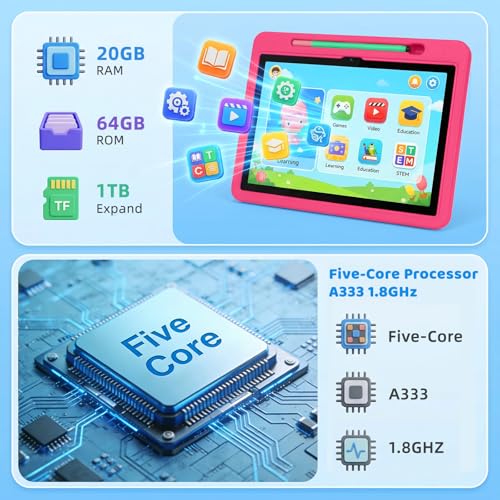 Image of 2026 Upgraded Android 16 Kids Tablet, 10 inch Tablet for Kids with 20GB RAM 64GB ROM 1TB Expand, 6000 mAh Battery, Parental Control, UKIDOZ Kids Space, Widevine L1 HD, Protective Case Pen(Pink)