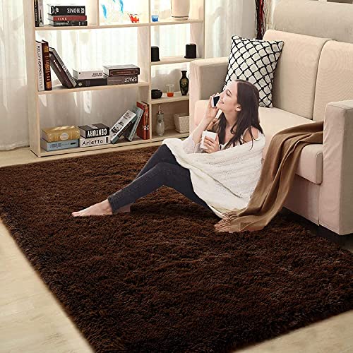 Image of Handmade 2 Inch Pile Height Super Soft Touch Export Quality Plain Shag Rectangular Carpets For Living Room Bedroom For Home Size 5X7 Feet Color Brown