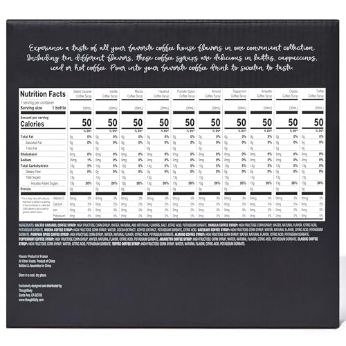 Thoughtfully Gourmet, Coffee Syrup Sampler Gift Set, Syrup Flavors Include Salted Caramel, Vanilla, Mocha, Hazelnut, Pumpkin Spice, & More, Set of 10