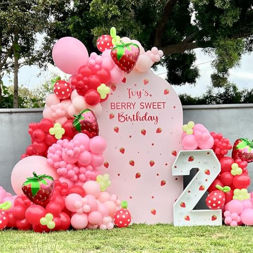 Image of JOGAMS 178Pcs Strawberry Balloon Arch Garland Kit with Pastel Orange Strawberry Foil Red Polka Dot Balloons for Berry First Sweet One Strawberry Theme Birthday Baby Shower Party Decorations for Girls