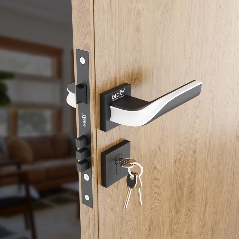 Image of GLOXY Zinc Door Lock for Main Door for Bedroom, Mortise Set, Door Lock Handle Set with 3 Brass Key for Home,Office,Hotel | White & Black Finish (2 Years Warranty, Pack of 1)