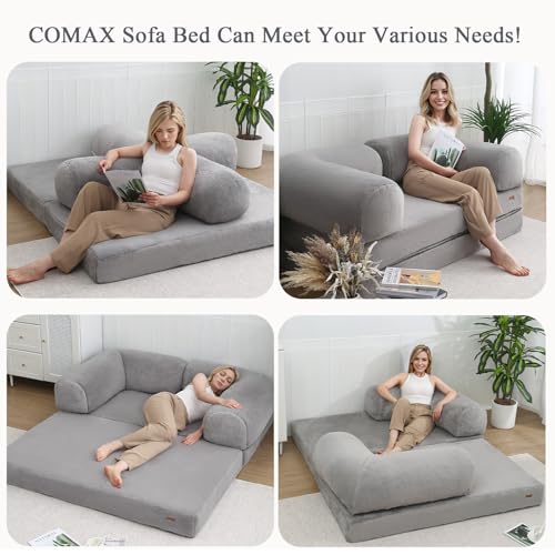COMAX Folding Sofa Bed Queen, Foldable Couch Bed, Fold Out Futon Chair Sleeper for Adults, Convertible Floor Mattress Sofa for Bedrooom Living Room Guest Room, Faux Fur Grey