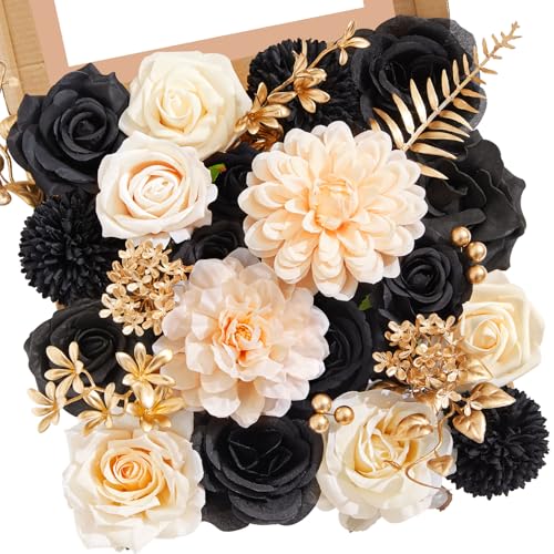 Serwalin Artificial Flowers Black & Gold & Champagne Fake Silk Flowers for DIY Wedding Bridal Bouquets Faux Cake Flowers for Table Centerpieces Party Baby Shower Floral Decorations