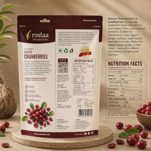 Image of Rostaa Gourmet Sliced Cranberries 200g | Premium Dried Cranberries Rich in Antioxidants, Fiber & Vitamin C | Supports Immunity, Digestion & Heart Health | 100% Natural Healthy Snack (1000 GM)
