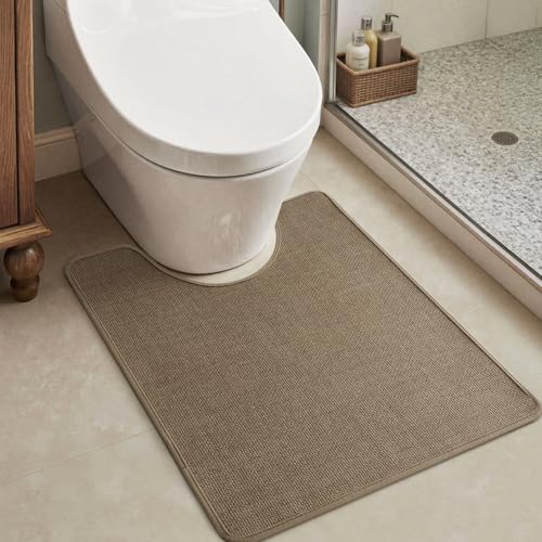 MontVoo Toilet Rugs U-Shaped, Ultra Thin Non Slip Contour Bathroom Rugs,Rubber Backing Washable Contour Bath Rugs for Toilet Mat,20''x24'',Khaki U sha