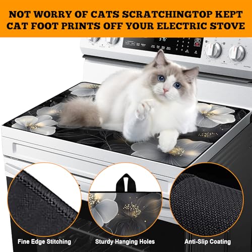 Image of Multi-Design Stove Top Cover for Glass /Electric Stoves - 3-in-1 Heat-Resistant Protector Mat, Non-Slip Drying Rack 28 inchx20 inch (White Flowers, 28 inch L x 20 inch W)
