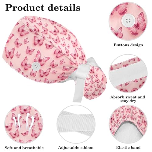 Image of Colored Butterflies Scrub Caps Women Ponytail, Adjustable Bouffant Surgical Caps with Button, Nurse Hats Long Hair