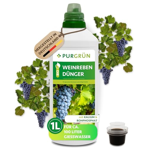 Purgrün Bio-Weinreben-Dünger 1 Liter Erhöht die Widerstandskraft mit extra Kalium Steigert Ertrag Aroma & Vitalität Bio-Zertifizierung Konzentrat für 100 Liter Gießwasser