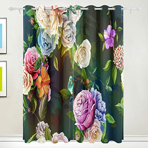 MONTOJ Kolibri Rosen Blumen Fenster Vorhänge Zimmer Verdunkelung Thermoisolierte Ösen Verdunkelungsvorhänge für Schlafzimmer (2 Paneele, B 42 x L 160 cm)