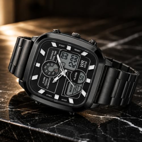 Image of Watch for Men Analog Digital Black Wrist Watch with Stainless Steel Chain, Square Dial, Dual Time Display, Alarm, LED Backlight, Chronograph, Sports Watch, Waterproof 5ATM Luxury Men's Watch