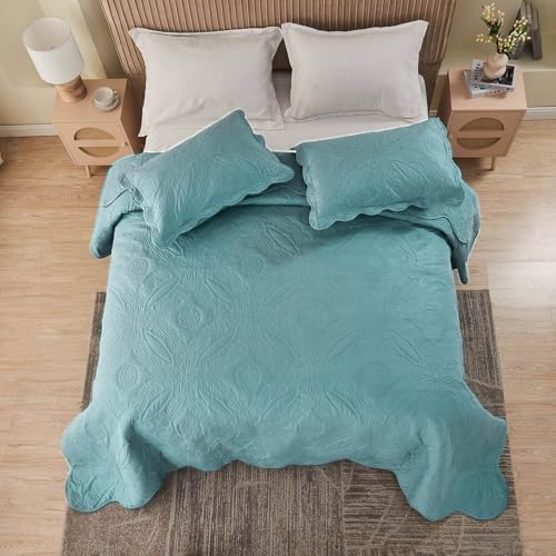 Image of Oversized Cal King Bedspreads 120x120 for Extra Tall Split California King Bed Lightweight Quilted Coverlet Set 3 Pieces 1 Quilt 2 Pillow Shams Blue