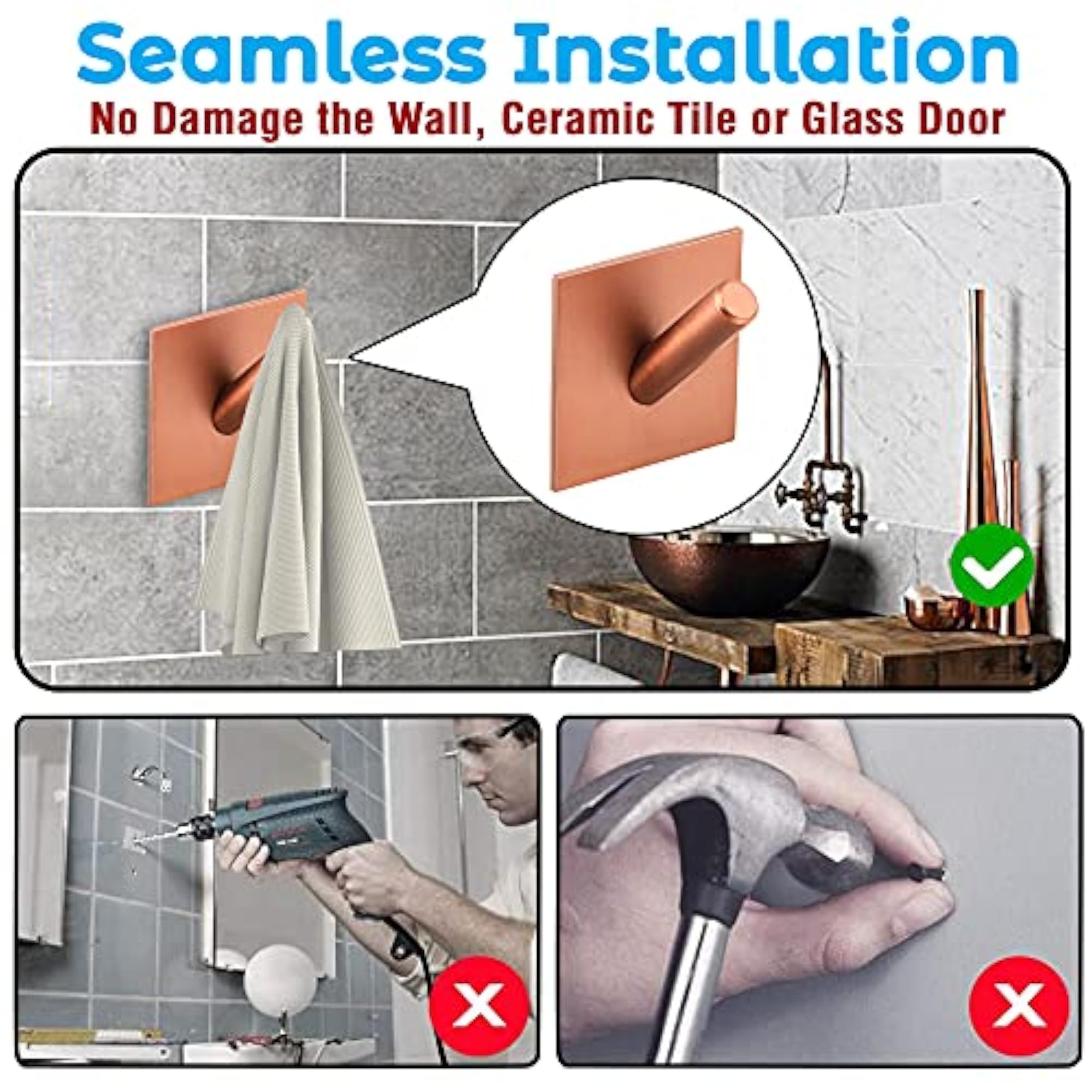 Stainless Steel Rose Gold Self Adhesive Hooks for Wall
