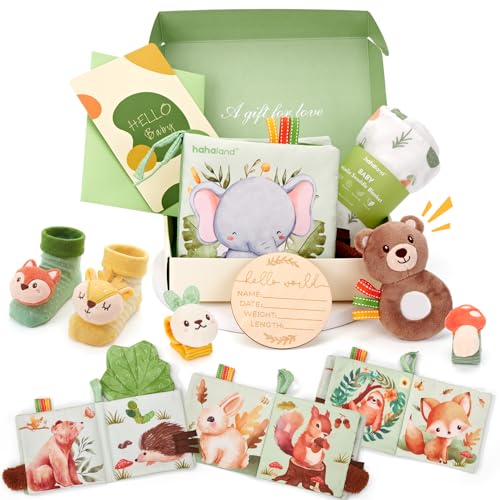 hahaland Coffret Naissance Bébé Fille et Garçon, Cadeau Nouveau-né avec Couverture d’Emmaillotage, Hochets Bébé, Livre d’Éveil Sensoriel et Carte Étapes en...