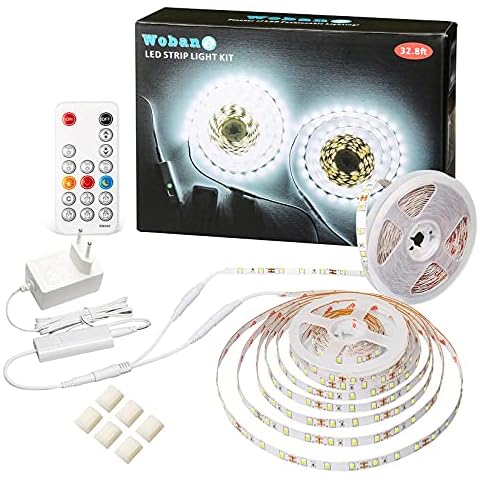 WOBANE LED Strip Weiß Dimmbar 10M Set,12V Selbstklebend LED Streifen,Superhell 6500K Kaltweiss LED Band mit RF Fernbedienung,LED Leiste mit 600 LEDs,für Innen,Küche,Unterschrank,Esszimmer Cover