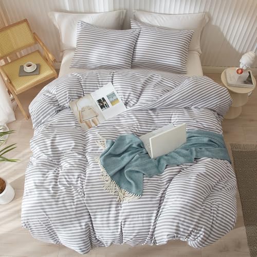 Image of King Size Comforter Set 3 Pieces Striped Comforter Set King Modern Style Boho Bedding Comforter White Grey Stripes Pattern Comforter Set Fluffy Lightweight Farmhouse Bed Comforter for All Season