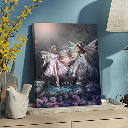 Soothan Fantasy Wall Art Two Angels In Forest Garden Picture Poster Beautiful Pink Flowers Painting Magical Forest Canvas Prints For Girls Bedroom Nursery Decor Unique Gift For Daughter 12"X16" Framed #TOP7