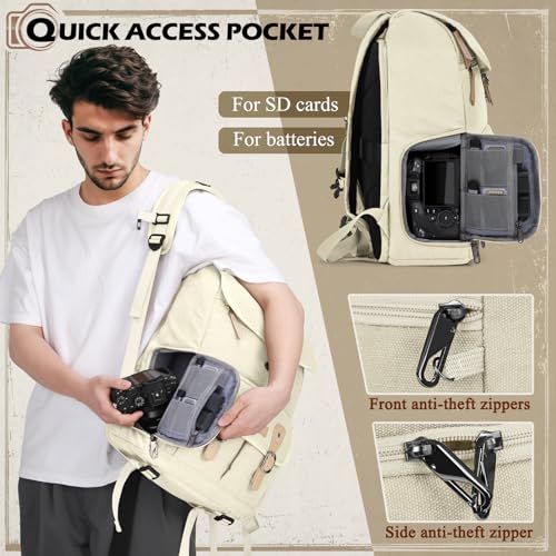 Image of RAINSMORE Camera Backpack, DSLR SLR Mirrorless Camera Bag for Photographer | 15.6 Inch Vintage Canvas Camera Case with Laptop Compartment & Tripod Holder & Rain Cover for Sony Canon Nikon Fujifilm Beige