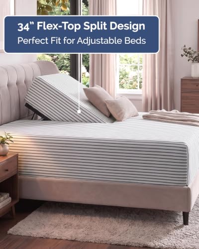 Image of Extra Deep Flex Top Split Head King Fitted Sheet - Hotel Luxury Single Fitted Sheet Only - Easily Fits 18 inch to 24 inch Mattress - Ultra Soft, Wrinkle Free w /Extra Deep Pockets - Grey Stripes 2