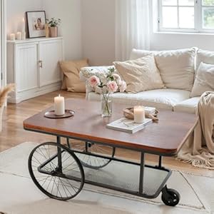Topower farmhouse double layer iron cart wooden desktop center table industrial style coffee table with wheels for living room bedroom coffee shop black  urban country home decor