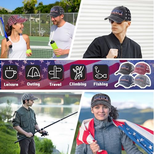 Image of Jeyiour 4 Pcs 4th of July America Baseball Cap Patriotic Flag Baseball Hat Adjustable Cotton Red White Blue Independence Day 250th Anniversary Outfits for Men Women USA