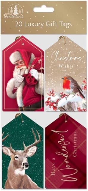 Tallon XA0127A Festive Wonderland Luxury Christmas Tags, Traditional - Pack of 20, 11x6cm