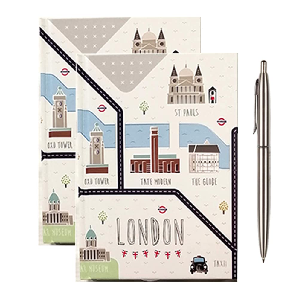[𝐒𝐞𝐭 𝐨𝐟 𝟑] Cute Pen + 2x A6 Lined Note Book Hardback Pocket 80 Sheets Small Notebooks Ruled Mini Notepads Journal Diary with Divider Fidget Notebook for Office School Plans (London Map)