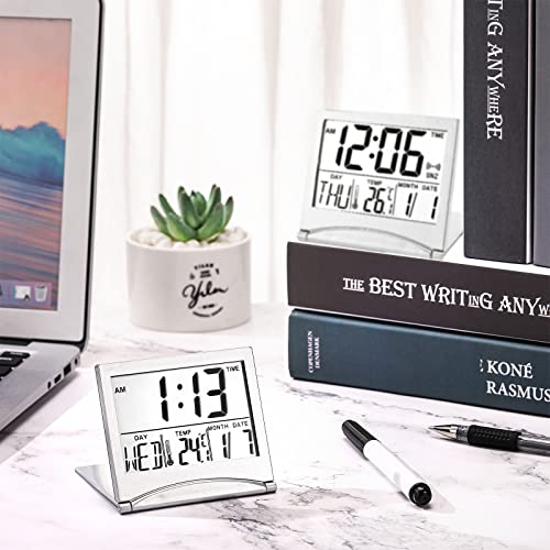 2 Pieces Digital Travel Alarm Clock Battery Operated Foldable Lcd Clock With Calendar Temperature Snooze Mode Multifunction Small Desk Clock Portable Clock Large Display Desk Clock (Silver) #TOP3