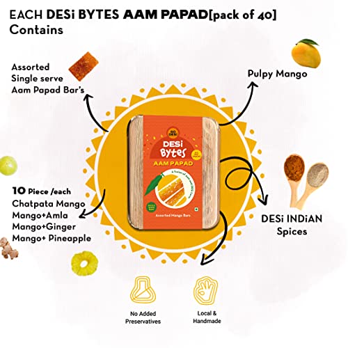 Image of GO DESi Mango Fruit Bars, 40 Bars, Aam Papad, Spicy Fruit Roll-Ups, Assorted Flavor, Individually Wrapped, No Preservatives, No Artificial Flavour, No Colour, 470 Gram