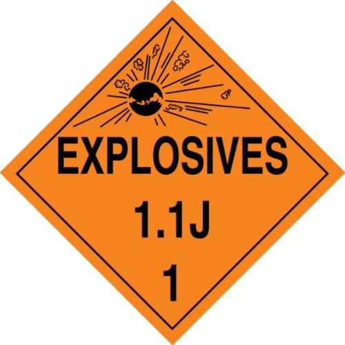 Image of Accuform MPL18VP50 Plastic Hazard Class 1 /Division 1J DOT Placard, inchExplosives 1.1J 1 inch with Graphic, 10-3 /4 inch Width x 10-3 /4 inch Length, Black on Orange (Pack of 50)