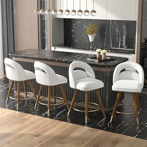 GYI Counter Height Bar Stools Set of 4, 24 Inch Swivel Bar Stools with Backs&Solid Wood Legs, Upholstered Creamy White and Gold Bar Stools, Velvet Counter Stools for Kitchen Island Cover