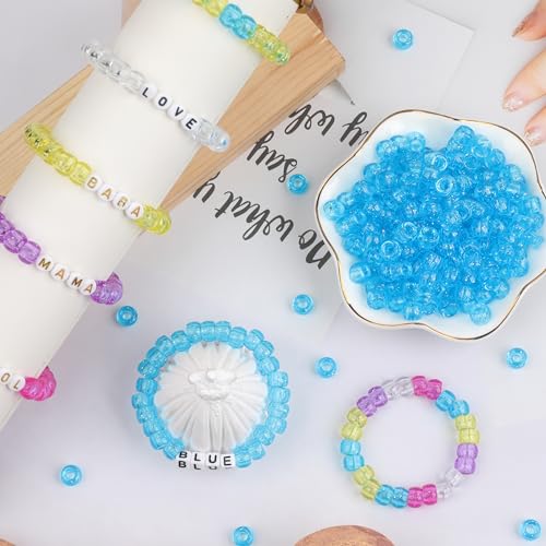 Image of 1000Pcs Pony Beads Bracelet 9mm Blue Glitter Plastic Barrel Pony Beads for Necklace,Hair Beads for Braids,Key Chain,Jewelry Making (Blue Glitter)
