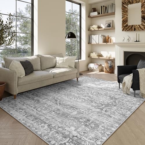 Image of Lahome Washable 8 x 10 Area Rugs for Living Room - Grey Rug Non-Slip Large Soft Rugs for Bedroom, Vintage Neutral Boho Indoor Stain Resistant Dining Room Rugs for Under Table (Grey, 8'x10')