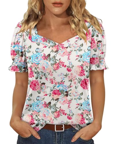 CRAZY GRID Womens Summer Tops Dressy Casual Shirts Puff Short Sleeve Blouses Trendy Loose Tunic Ladies Spring Tshirts Plus Size Printed Floral Rogue Red 3xl — view 2
