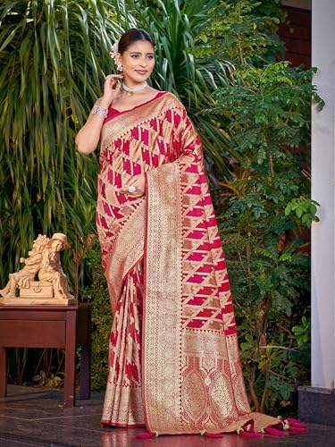 Image of MANOHARI Women's Trendy Banarasi Satin Silk Woven Saree with Heavy Jacquard Work, Elegant Design with Matching Lace Border Unstitched Blouse Piece for Weddings & Festive Occasions