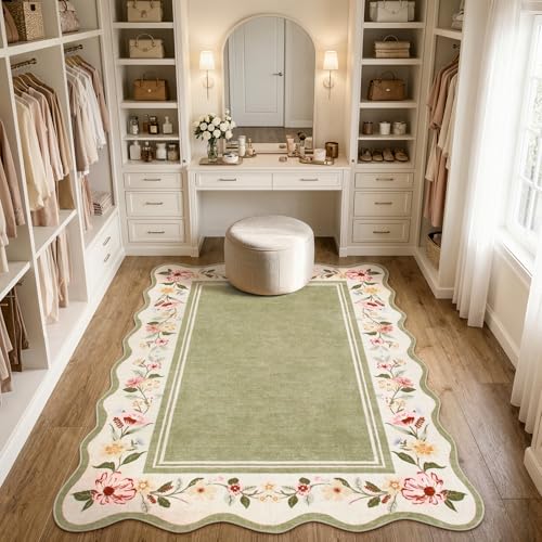 Image of Lahome Floral Scalloped Rug 5x7, Vintage Green Rugs for Living Room