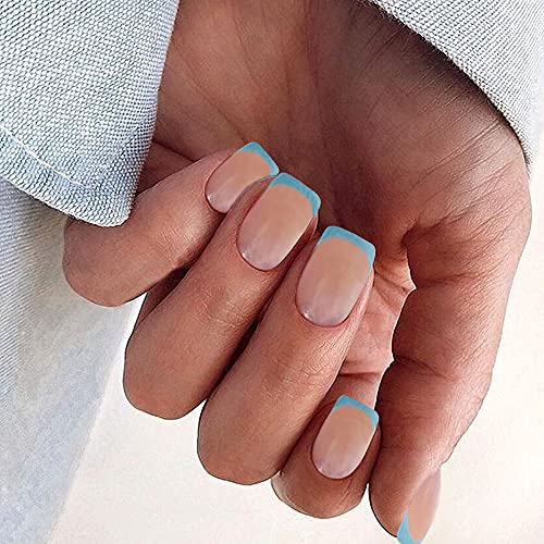 KXAMELIE Blau Kurze Drücken auf Nägeln,Acryl Kunst Nagelspitzen,24St Französisch Nägel,Vollständige Abdeckung Drücken Sie auf Falsche Nägel für Frauen und Mädchen Cover