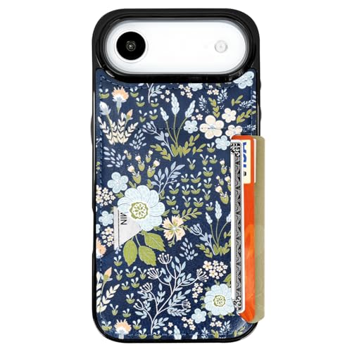 uCOLOR for iPhone Air Case with Card Holder- Slim Leather Wallet Case Credit Card Holder Moneymate 8-Foot Drop Protective Hidden Card Slot Cover for Women Man (Blue Daisy, iPhone 17 Air)