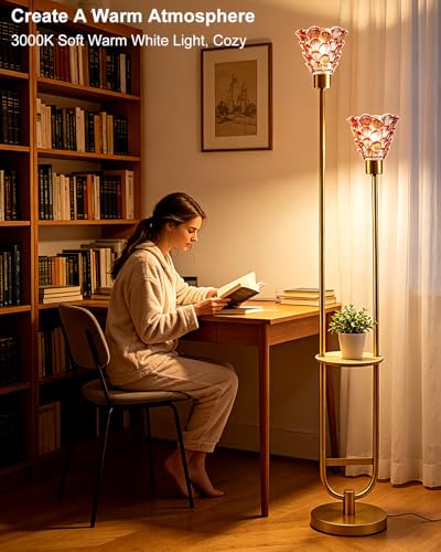 Image of Lightdot Modern Glass Floor Lamp with Shelf 2-Lights Gold Standing Tall Lamps with Pomegranate Red Shell Glass Shade, LED Floor Lamp with Foot Switch for Living Room Bedroom Home Decor