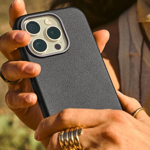 Image of OtterBox iPhone 15 Pro Max Symmetry Series Cactus Leather for MagSafe - Noir ASH (Black), Snaps to MagSafe, Ultra-Sleek, Raised Edges Protect Camera & Screen